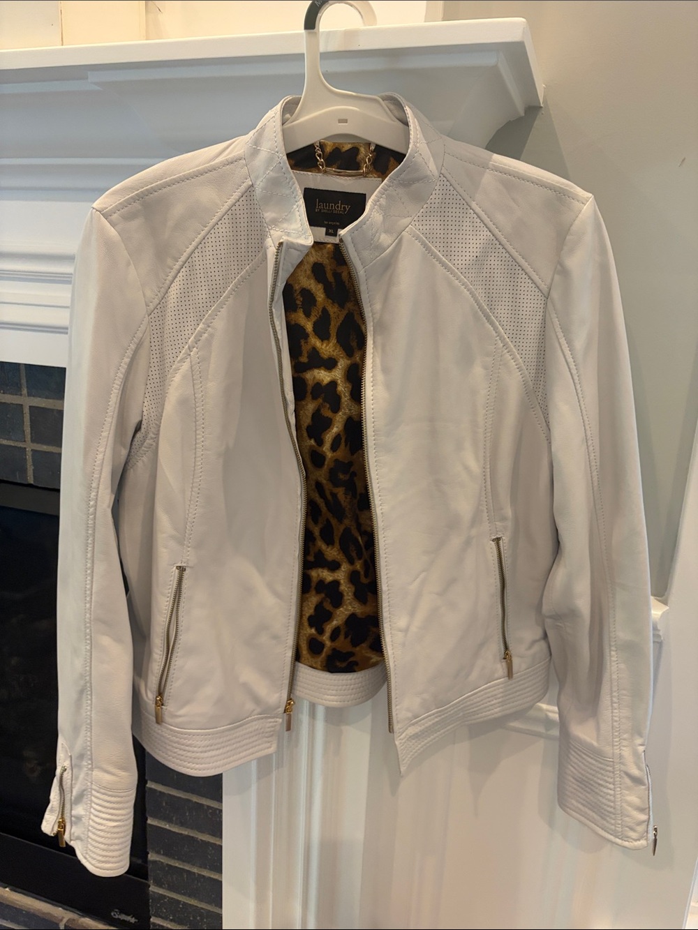 Laundry By Shelli Segal Cream Leather Zip Jacket with Leopard Lining
